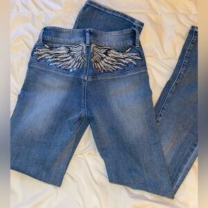 Y2k inspired fashion nova embroidered wing jeans